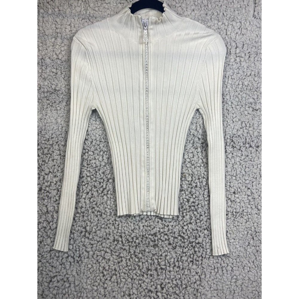 CARINA white zip up with  faux diamond accents long sleeve mock neck sweater M